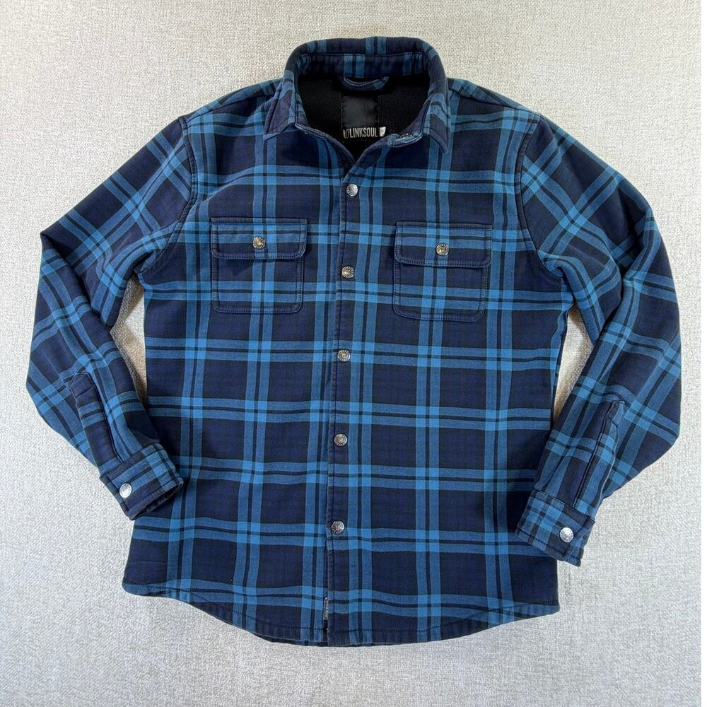 Linksoul Men M Blue Plaid Sherpa Lined Snap Front Skater Long Sleeve Shirt